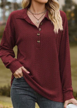 Wine Red Button Long Sleeve Sweatshirt