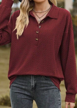 Wine Red Button Long Sleeve Sweatshirt -Modlily Shop 339009 P 1693562917420