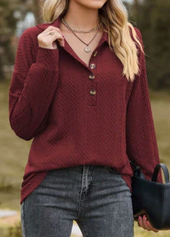 Wine Red Button Long Sleeve Sweatshirt -Modlily Shop 339009 P 1693562917594