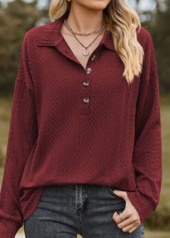 Wine Red Button Long Sleeve Sweatshirt -Modlily Shop 339009 P 1693562918043