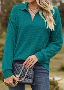 Green Long Sleeve Turn Down Collar Sweatshirt -Modlily Shop 339010 P 1690280326463