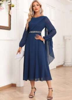 Navy Asymmetry Long Sleeve Boat Neck Dress -Modlily Shop 339069 P 16935360431812
