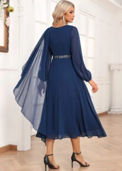 Navy Asymmetry Long Sleeve Boat Neck Dress -Modlily Shop 339069 P 16935360436571