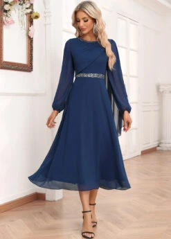 Navy Asymmetry Long Sleeve Boat Neck Dress -Modlily Shop 339069 P 16935360439193