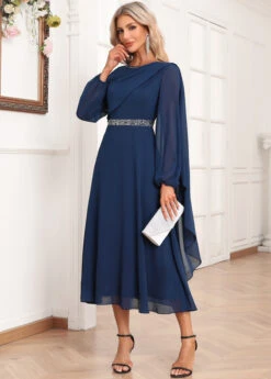 Navy Asymmetry Long Sleeve Boat Neck Dress -Modlily Shop 339069 P 16935360439484