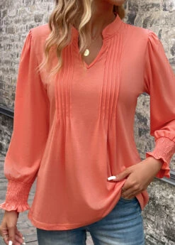 Coral Smocked Long Sleeve Split Neck T Shirt -Modlily Shop 339109 P 16915750970393