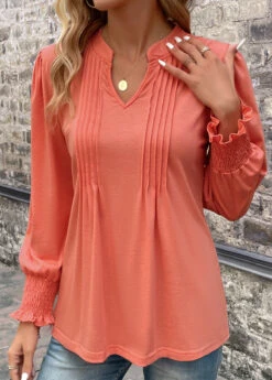 Coral Smocked Long Sleeve Split Neck T Shirt -Modlily Shop 339109 P 16915750971102