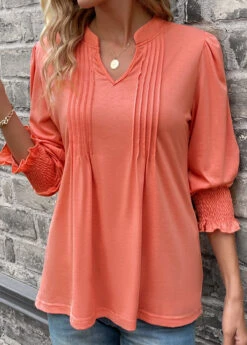 Coral Smocked Long Sleeve Split Neck T Shirt -Modlily Shop 339109 P 16915750972564