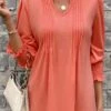 Coral Smocked Long Sleeve Split Neck T Shirt -Modlily Shop 339109 P 16915750979340