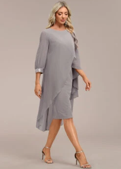 Grey Asymmetry Long Sleeve Zipper Back Dress -Modlily Shop 339149 P 16933610356393