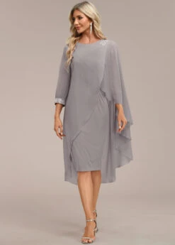 Grey Asymmetry Long Sleeve Zipper Back Dress