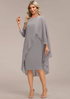 Grey Asymmetry Long Sleeve Zipper Back Dress -Modlily Shop 339149 P 16933610358902