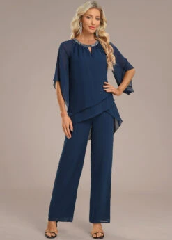 Navy Layered Long Three Quarter Length Sleeve Jumpsuit