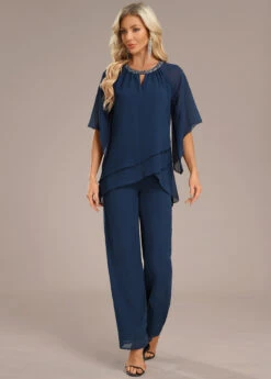 Navy Layered Long Three Quarter Length Sleeve Jumpsuit -Modlily Shop 339150 P 16952581231184