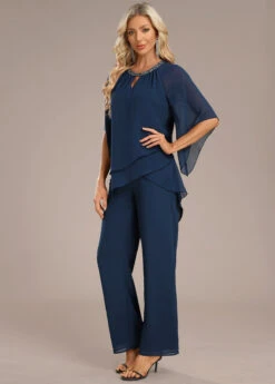Navy Layered Long Three Quarter Length Sleeve Jumpsuit -Modlily Shop 339150 P 16952581231713