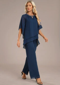Navy Layered Long Three Quarter Length Sleeve Jumpsuit -Modlily Shop 339150 P 16952581232692