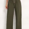 Olive Green Button Elastic Waist High Waisted Pants -Modlily Shop 339219 P 16920054175760