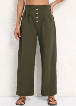 Olive Green Button Elastic Waist High Waisted Pants