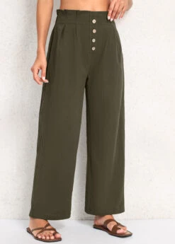 Olive Green Button Elastic Waist High Waisted Pants -Modlily Shop 339219 P 16920054176753