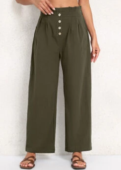Olive Green Button Elastic Waist High Waisted Pants -Modlily Shop 339219 P 16920054177912