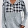 Light Grey Pocket Plaid Long Sleeve Hoodie -Modlily Shop 339297 P 1694081265328