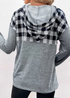 Light Grey Pocket Plaid Long Sleeve Hoodie -Modlily Shop 339297 P 1694081265580