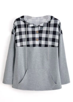 Light Grey Pocket Plaid Long Sleeve Hoodie -Modlily Shop 339297 P 1694081266080