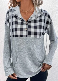 Light Grey Pocket Plaid Long Sleeve Hoodie -Modlily Shop 339297 P 1694081266788