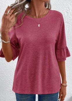 Coral Button Half Sleeve Round Neck T Shirt -Modlily Shop 339339 P 16908908071015