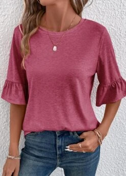 Coral Button Half Sleeve Round Neck T Shirt -Modlily Shop 339339 P 16908908072113