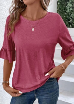Coral Button Half Sleeve Round Neck T Shirt -Modlily Shop 339339 P 16908908072342