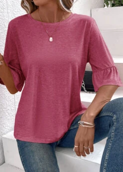 Coral Button Half Sleeve Round Neck T Shirt -Modlily Shop 339339 P 16908908075074