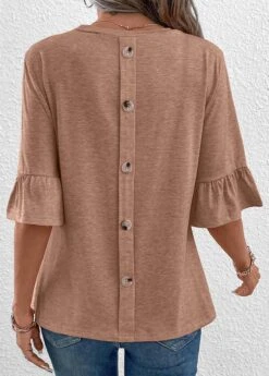 Light Camel Button Half Sleeve T Shirt