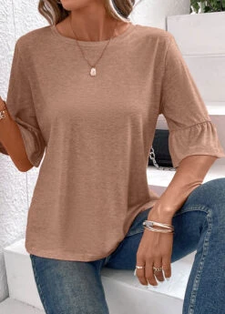 Light Camel Button Half Sleeve T Shirt -Modlily Shop 339340 P 16908908106244