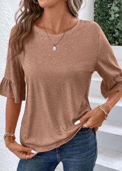 Light Camel Button Half Sleeve T Shirt -Modlily Shop 339340 P 16908908109762