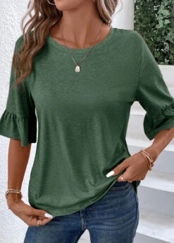 Green Button Half Sleeve Round Neck T Shirt -Modlily Shop 339341 P 16908908090892