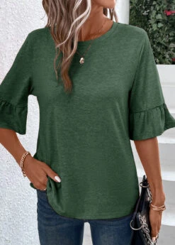 Green Button Half Sleeve Round Neck T Shirt -Modlily Shop 339341 P 16908908091371