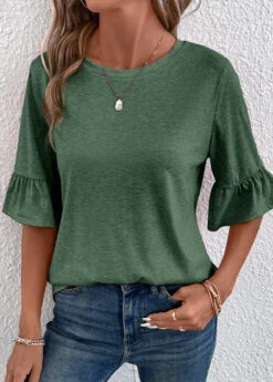 Green Button Half Sleeve Round Neck T Shirt -Modlily Shop 339341 P 16908908091563