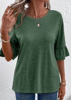 Green Button Half Sleeve Round Neck T Shirt -Modlily Shop 339341 P 16908908099395