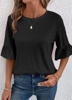 Black Button Half Sleeve Round Neck T Shirt -Modlily Shop 339342 P 16908908080343