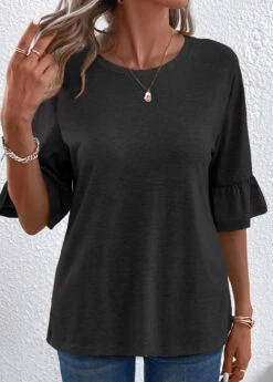 Black Button Half Sleeve Round Neck T Shirt -Modlily Shop 339342 P 16908908081295