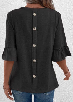 Black Button Half Sleeve Round Neck T Shirt