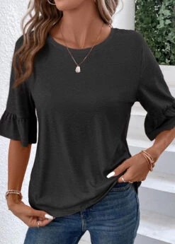 Black Button Half Sleeve Round Neck T Shirt -Modlily Shop 339342 P 16908908085282