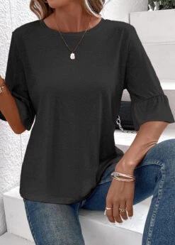 Black Button Half Sleeve Round Neck T Shirt -Modlily Shop 339342 P 16908908086844