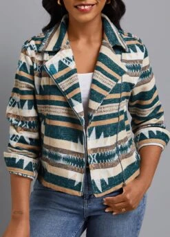 Turquoise Patchwork Striped Long Sleeve Lapel Coat