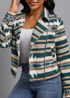 Turquoise Patchwork Striped Long Sleeve Lapel Coat -Modlily Shop 339371 P 16922371153552