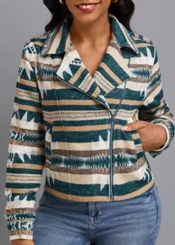 Turquoise Patchwork Striped Long Sleeve Lapel Coat -Modlily Shop 339371 P 16922371158453