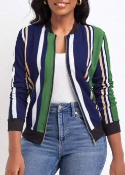 Green Pocket Multi Stripe Print Long Sleeve Coat 10 Green Pocket Multi Stripe Print Long Sleeve Coat -Modlily Shop 339373 P 16920055181753