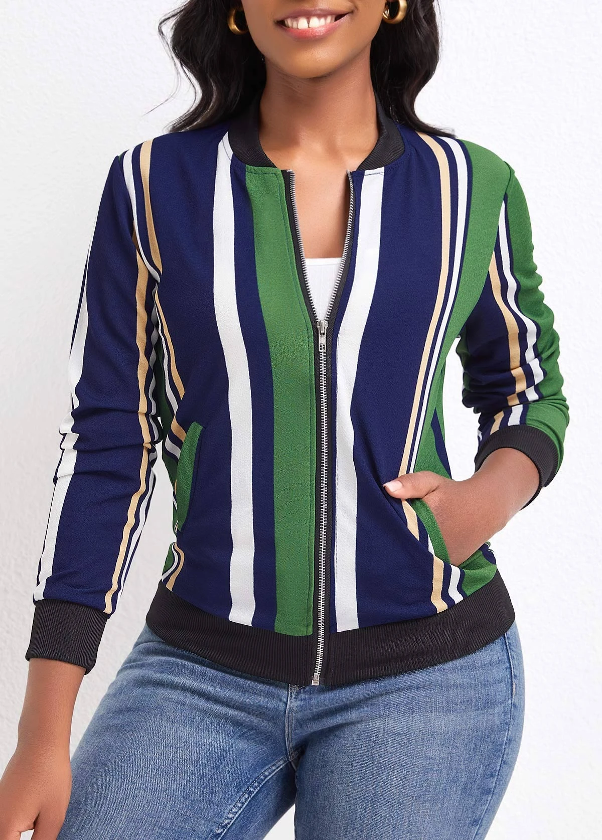 Green Pocket Multi Stripe Print Long Sleeve Coat 7 Green Pocket Multi Stripe Print Long Sleeve Coat - Image 5