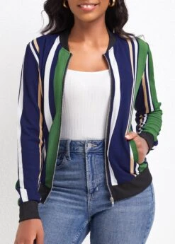 Green Pocket Multi Stripe Print Long Sleeve Coat